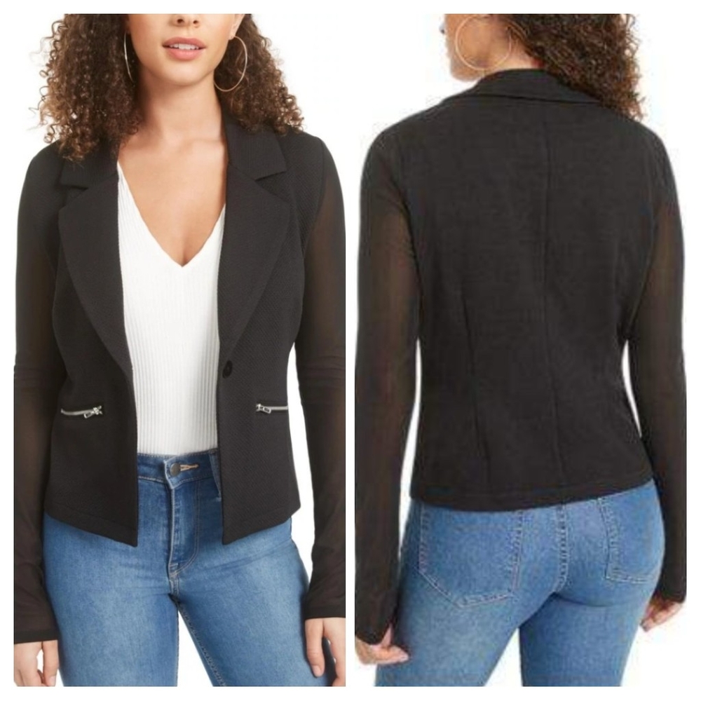 Women's Black Blazer w Sheer arms by Material Girl Size Medium M Zip Pockets